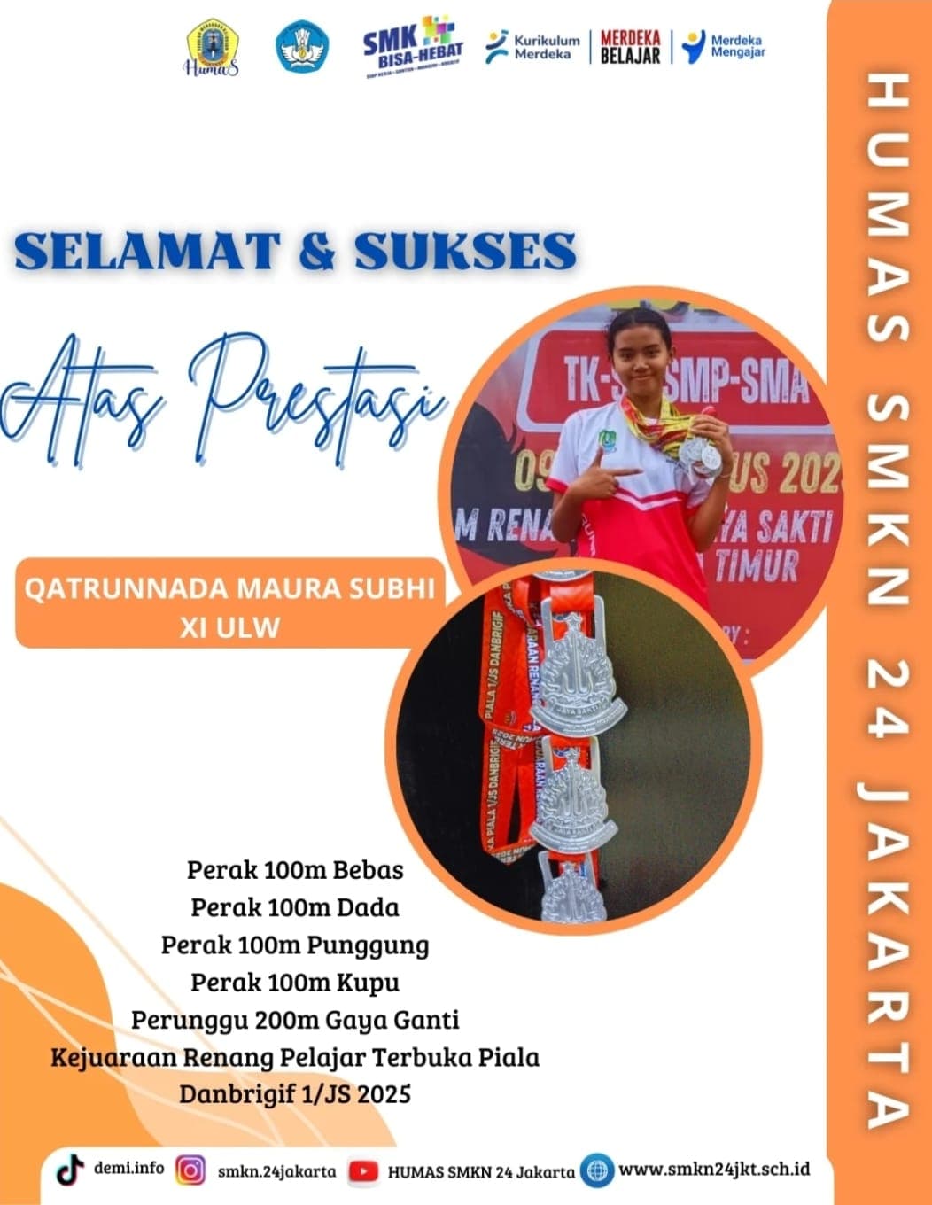 Qatra Maura Subhi Raih Lima Medali Perak di Kejuaraan Renang Pelajar Terbuka Piala Danbrigif 1/JS 2025